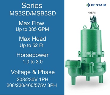  Myers Sewage Pumps, MS3SD/MSB3SD Series, 1.0 to 3.0 Horsepower, 230 Volts 1 Phase, 200/230/460/575 Volts 3 Phase
